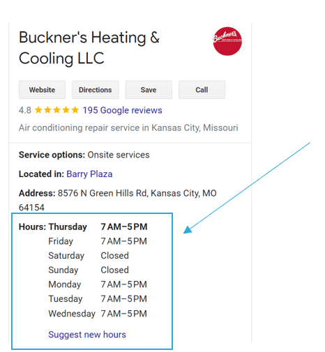 A GBP showing how the business hours are listed.