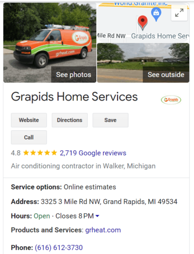 An HVAC company's GBP profile showing their NAP.