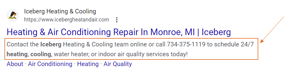 A screenshot from Google of a website on the SERP showing the meta description.