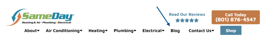 Website header with an arrow pointing towards their blog section.