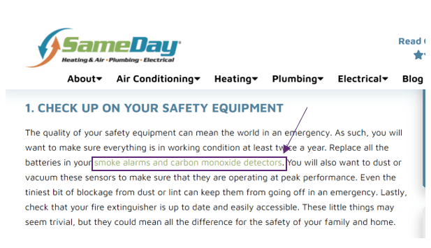A snippet of a client's site showing a blog post with an internal link.